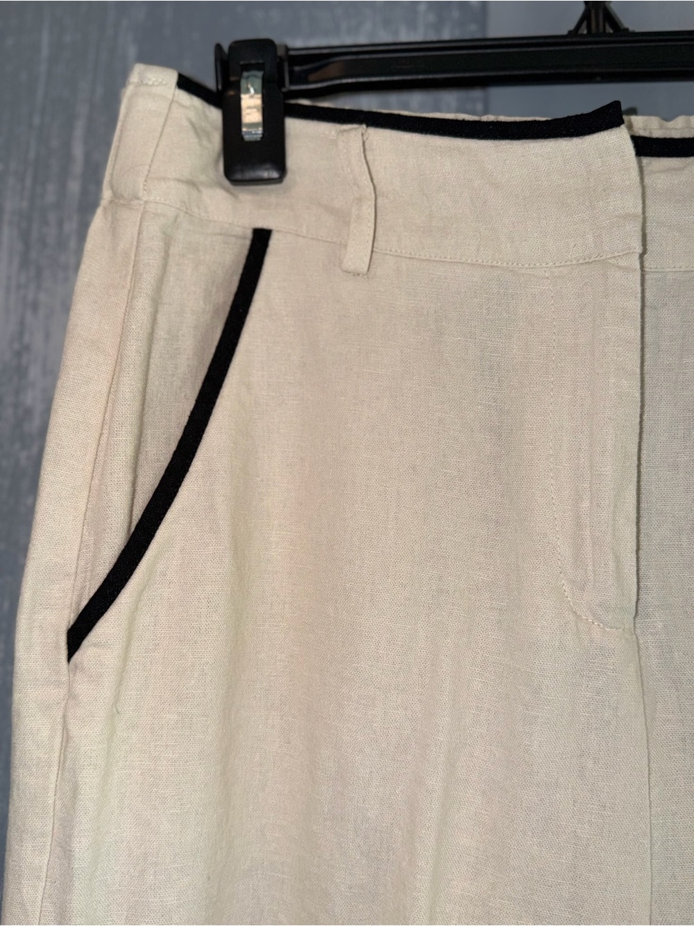 Tahari Cream Linen Blend Wide Leg Pants Size M Black Trim - Picture 4 of 8